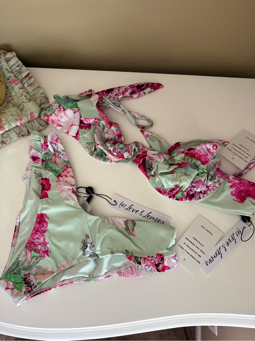 For Love & Lemons Mint Green and Pink Floral Ruffle Bikini